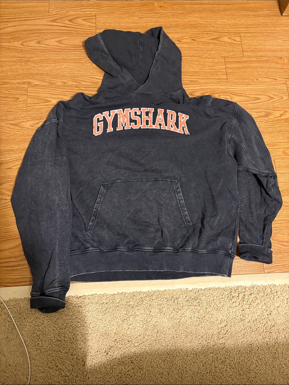 Gymshark Men's Dark Navy Crewneck Hoodie with Orange Logo
